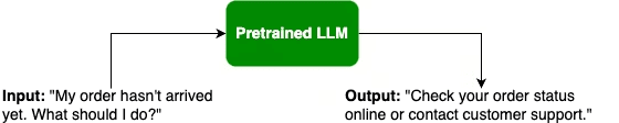 Flowchart showing how a pretrained language model (LLM) processes an input query. The input is "My order hasn't arrived yet. What should I do?" and the output is "Check your order status online or contact customer support."