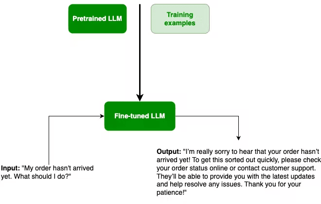 Flowchart illustrating the process of fine-tuning a large language model (LLM). - The 'Pretrained LLM' and 'Training examples' feed into 'Fine-tuned LLM'.- An input query says, "My order hasn't arrived yet. What should I do?"- The output response is, "I'm really sorry to hear that your order hasn't arrived yet! To get this sorted out quickly, please check your order status online or contact customer support. They'll be able to provide you with the latest updates and help resolve any issues. Thank you for your patience!"